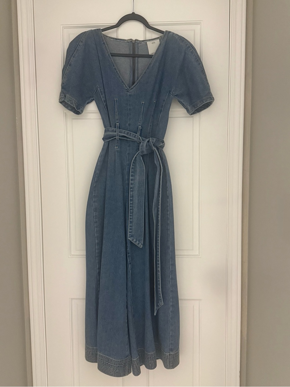 Denim V-Neck Belted Jumpsuit-Blue